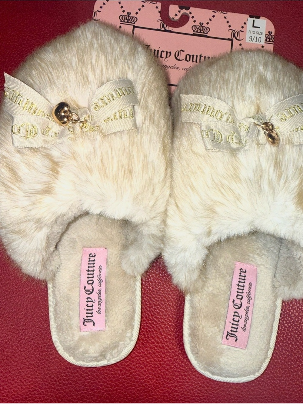 Juicy Couture Cream Fuzzy Bow Slide Slippers with Gold Charm